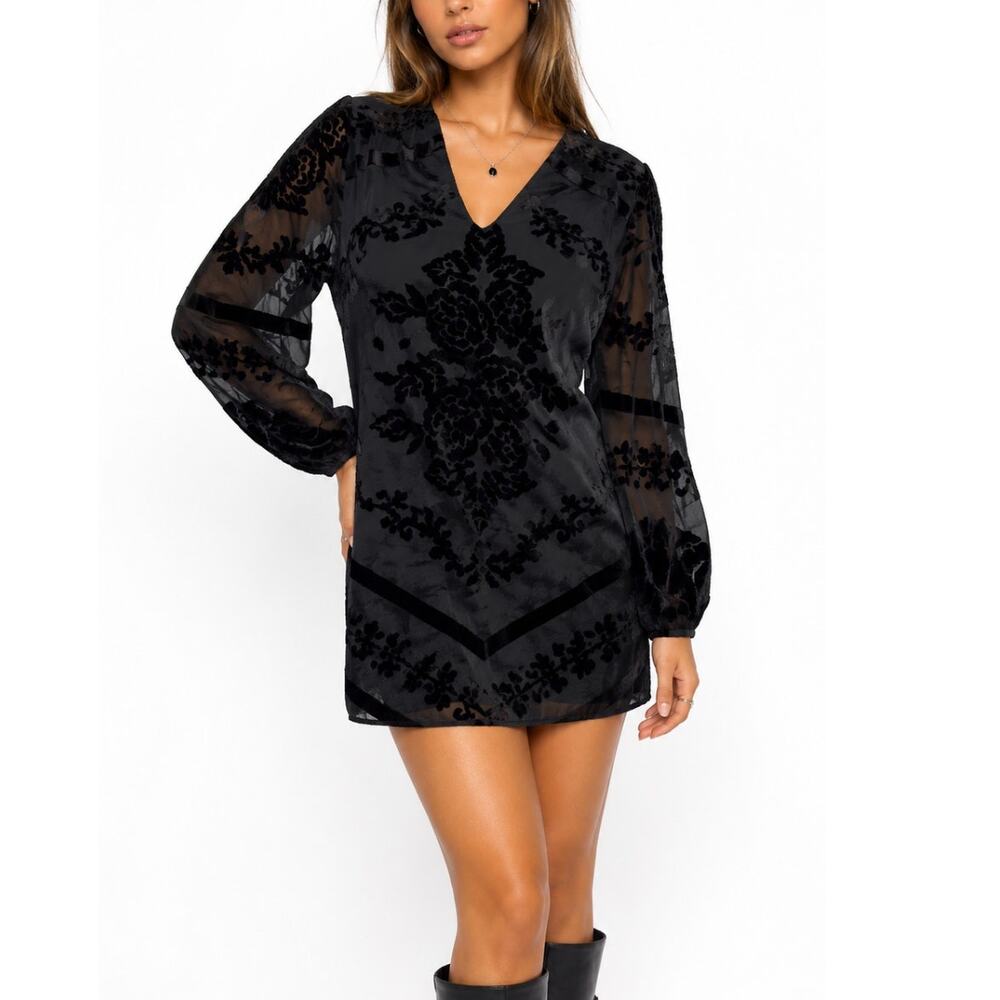Staring At Stars Velvet Burnout Mini Dress Sheer Sleeves Black Floral Fairy SZ S